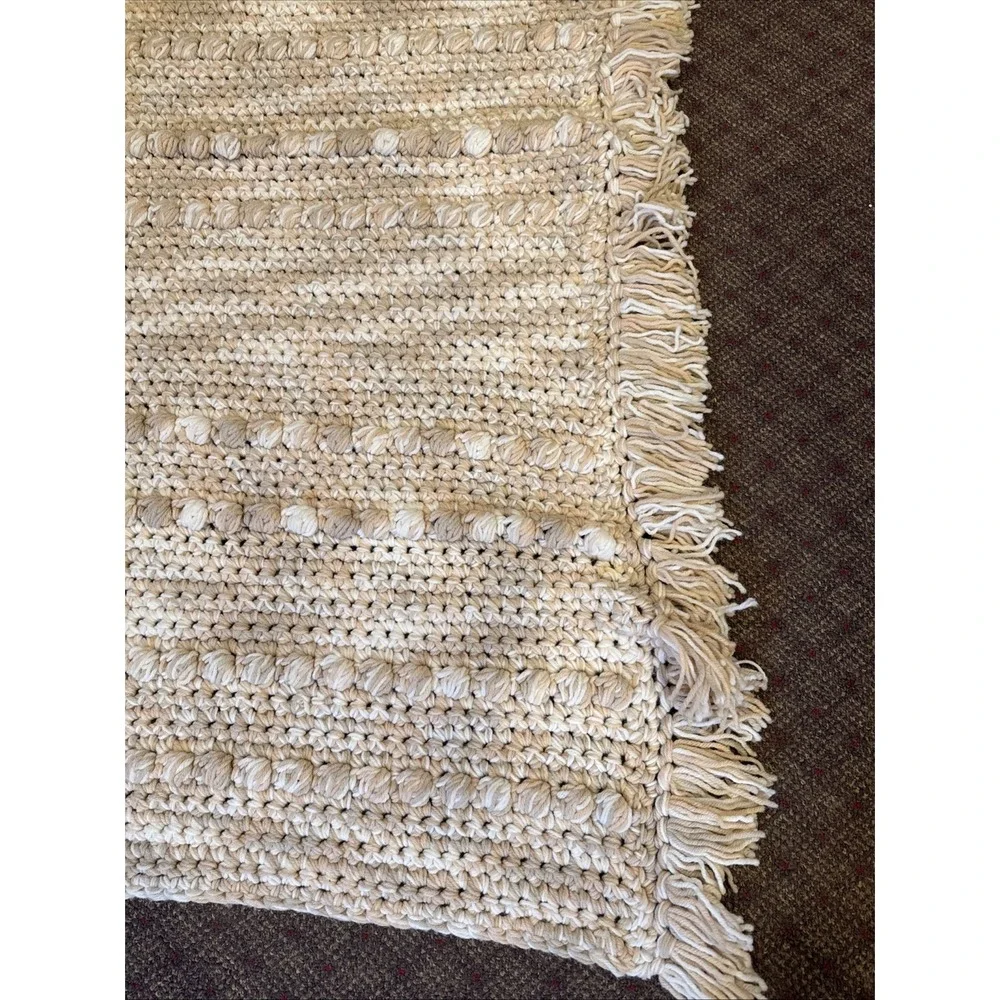Vintage Handmade Crocheted Afghan Throw Blanket Bobble Stitch Fringe Boho 70x43